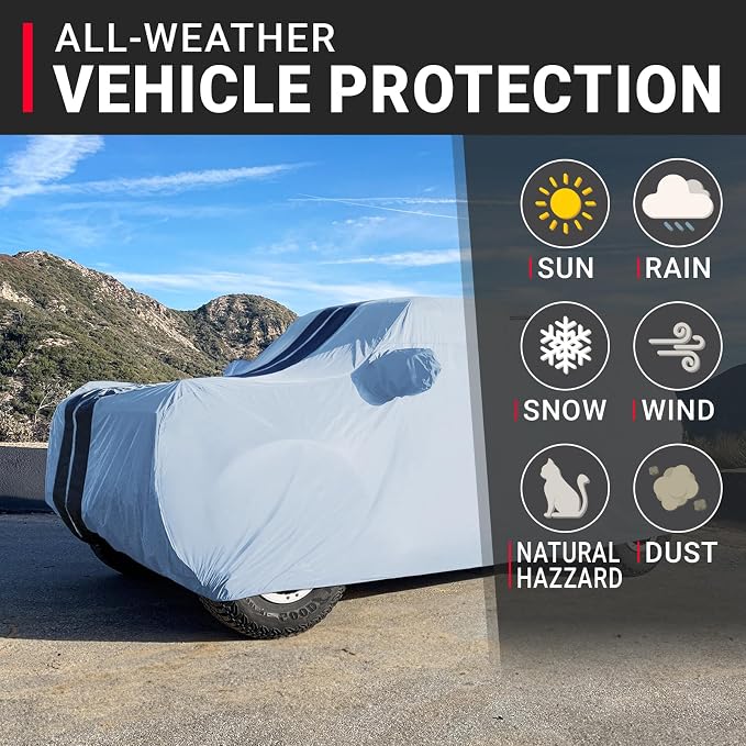iCarCover Premium Plus SUV Car Cover Waterproof All Weather Rain Snow UV Protection, Escalade, Tahoe, Wagoneer, Grand Wagoneer, Yukon, QX80, Defender 130, Size S60 (See Size Chart) Stripe - Gray/Black