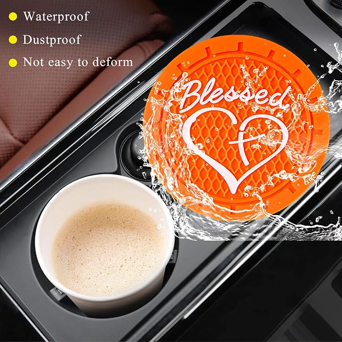 KVAEY 2 PCS Car Cup Holder Coasters, 2.76 Inch Anti Slip Vehicle Drink Mats with Cute Blessed Cross and Heart, Shockproof, Universal Car Accessories (Orange, 2 PCS)