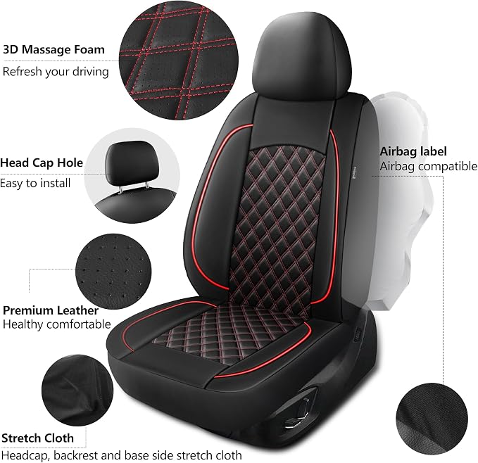 HChengkikz Front Car Seat Cover, Waterproof Nappa Leather (Black + Red) | Breathable, Airbag compatible, Easy to Install, Universal Fit for Most Cars, Sedans, SUVs, Vans, Trucks
