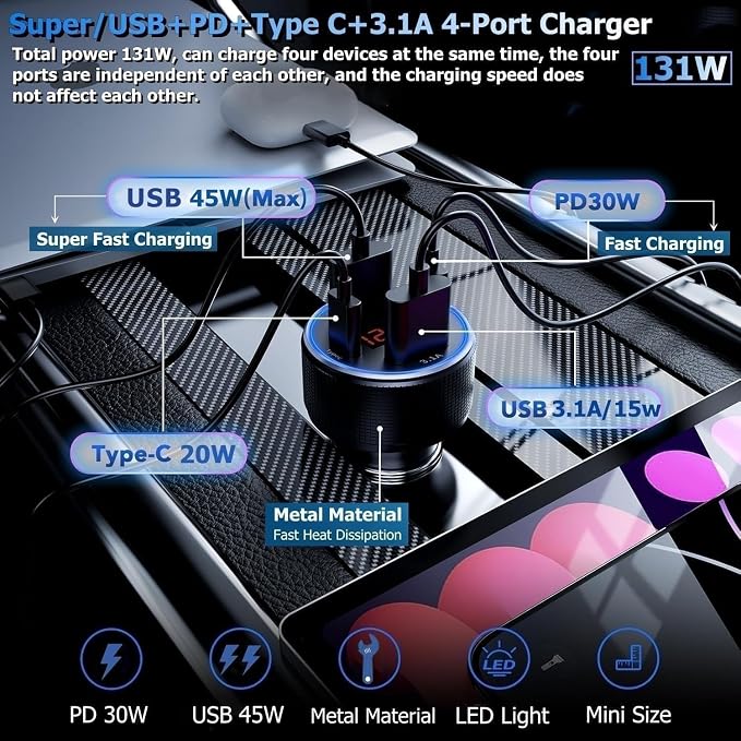 131W Car Charger Super Fast Charging Cigarette Lighter USB Phone Accessories Charger Adapter with QC USB c Type c PD Universal Quick Charge Multi 4 Port for 12-24v Car Cigarette Lighter Plug