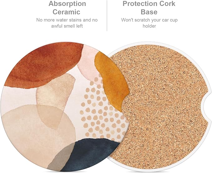 Car Cup Holder Coaster, Car Coasters for Cup Holders, 2 Pack Universal Anti Slip Insert Absorbent Ceramic Auto Interior Accessories with A Finger Notch & Cork Base, Simple Abstract Art