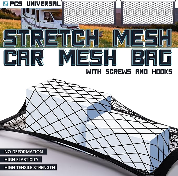 2 Pcs Universal Stretch Mesh Car Mesh Bag with Screws and Hooks for Trunk RV Boats Home Cargo Storage (21.7'' x 9.8'')