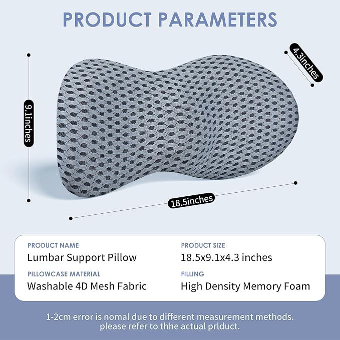 kasney Lumbar Support Pillow, Back Pillow for Low Back Pain Relief, Ergonomic Streamline Car Seat, Office Chair, Recliner and Bed (Gray)