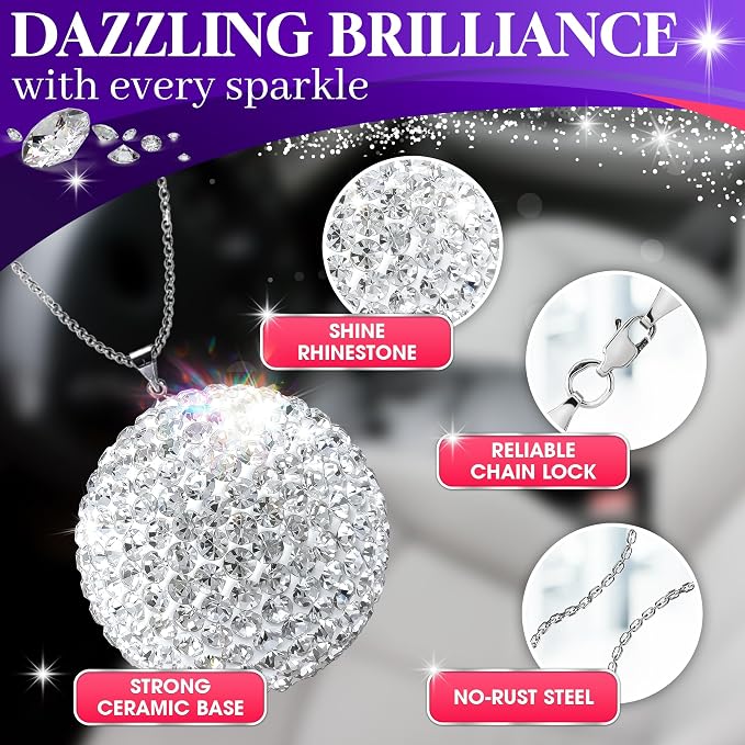 Bling Car Accessories - Elegant 1.37" Crystal Ball Rear View Mirror Charm with Hand-Set Sparkling Rhinestone and 17.7" Long Chain - Bling Rear View Mirror Accessories, Crystal Car Hanging Ornament