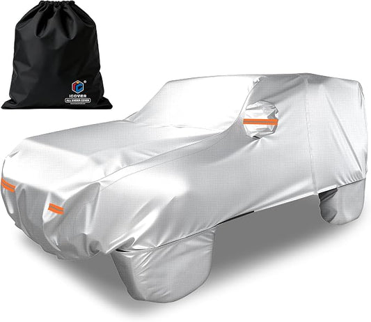 iCOVER Car Cover for Jeep Wrangler 4 Door, Waterproof Jeep Cover with Detachable Tire Covers, All Weather Outdoor Full Exterior Jeep Covers, Snow UV Protection Jeep Wrangler Cover, Fits up to 191"