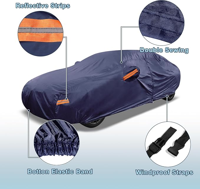 Navy Blue Heavy Duty Waterproof Car Cover for Sedan 169"-175" - All-Weather UV Protected Outdoor Full Exterior Cover with Sun/Snow/Rain Resistance