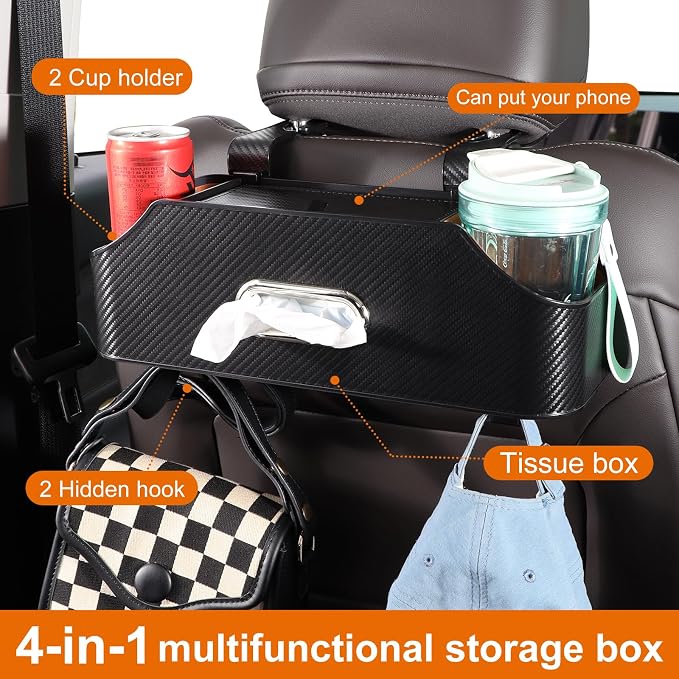 Car Rear Backseat Extra Multifunctional Drink Cup Holder Organizers with Tissue Storage Box Organizer & Hooks for Car Seat Back. Imitation Carbon Fiber