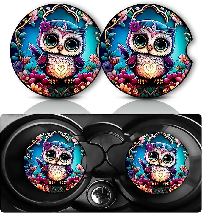 2PCS Owl Car Cup Holder Coasters Universal Anti-Slip Rubber Mat | Owl Auto Accessories Interior Decor, 2.75" Car Coasters for Cup Holders with Finger Slot, Owls Gifts for Women Men