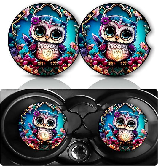 2PCS Owl Car Cup Holder Coasters Universal Anti-Slip Rubber Mat | Owl Auto Accessories Interior Decor, 2.75" Car Coasters for Cup Holders with Finger Slot, Owls Gifts for Women Men