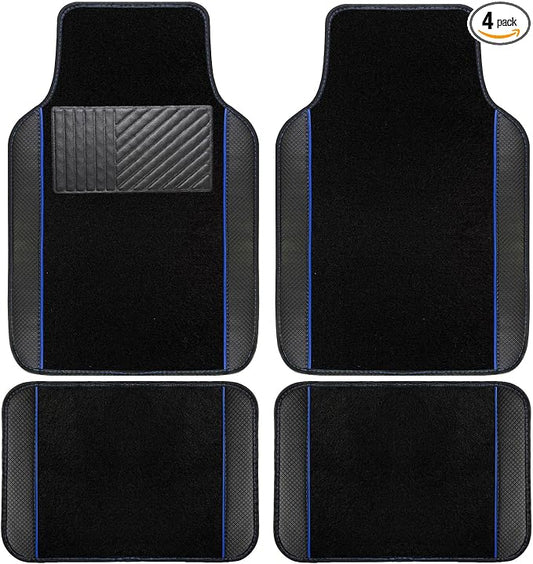 NBTEPEM Waterproof Universal Fit Car Floor Mats, Faux Leather Sporty Car Carpet Mats with Anti-Slip Nibbs Backing & Driver Heel Pad Fit for SUV, Vans, Sedans, Trucks, Set of 4 (Black with Blue line)
