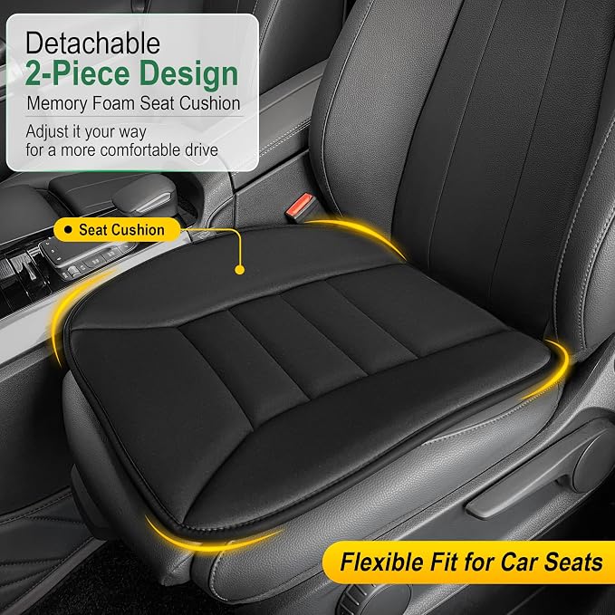 kingphenix 3-Piece Car Seat Cushion Set, 1.2inch Memory Foam Comfort, 2 Front Automotive Seat Cushions + Rear Bench Cushion, Non-Slip Bottom, Fits Sedan SUV Truck Van, Car & Office Chair, Black