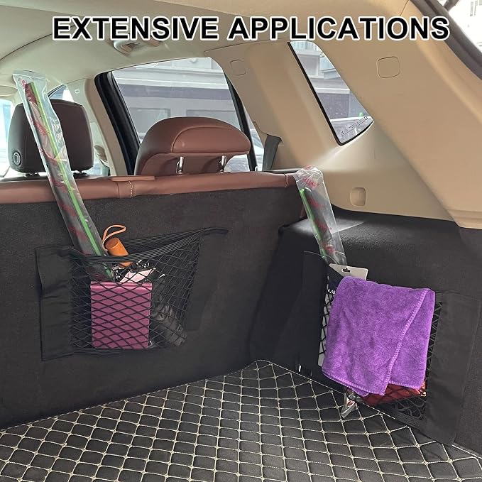 2PCS Universal Car Pouch Mesh Ceiling Netting Storage Black | Elastic Trunk Organize Bag, Auto Wall Sticker Net Pocket, Load Cargo Mesh Storages Holder