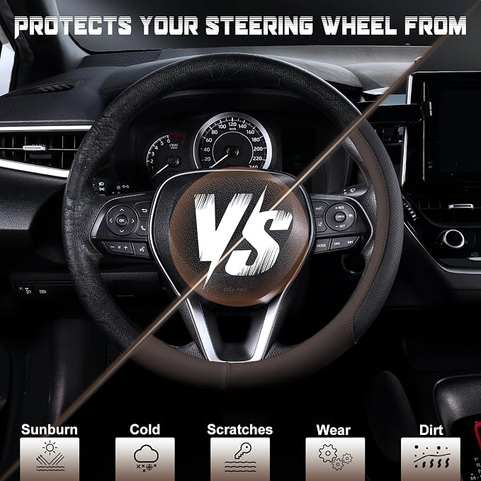 SEG Direct Steering Wheel Cover for 14.5-15 inch Wheels, Breathable PU Leather with Perforated Sides, Anti-Slip Grip, Universal Fit for Cars & SUVs, Black and Brown