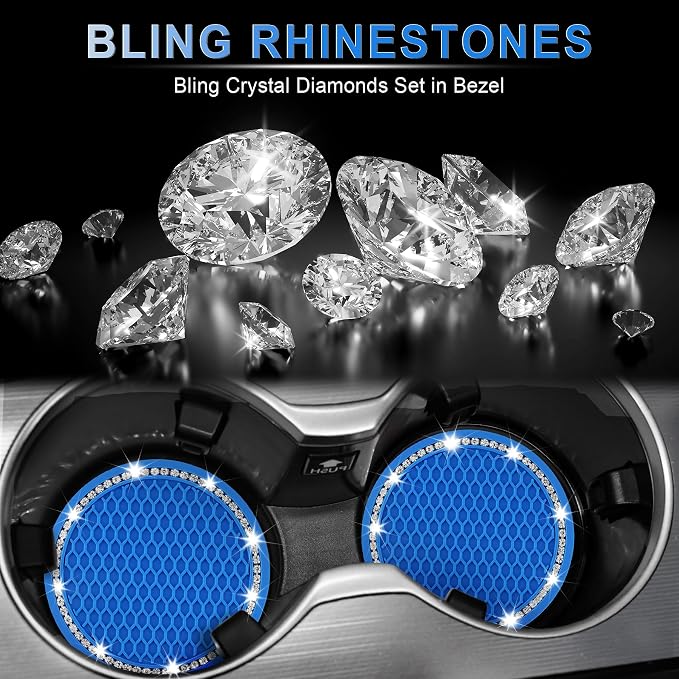 JUSTTOP Car Cup Holder Coaster, 2 Pack Universal Auto Anti Slip Cup Holder Insert Coaster, Bling Crystal Rhinestone Car Interior Accessories-Deep Blue