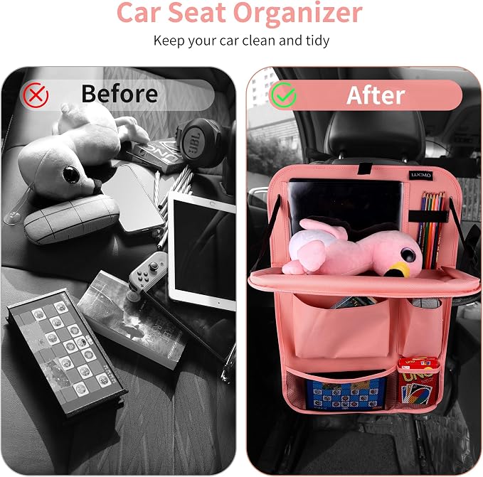 LUCMO Car Backseat Organizer with Foldable Tablet Holder, Pink | 2 Pcs,6 Storage Pockets,Foldable Food Tray,Protectors Kick Mats,Travel Accessories,Seat Cover,Road Trip Essentials