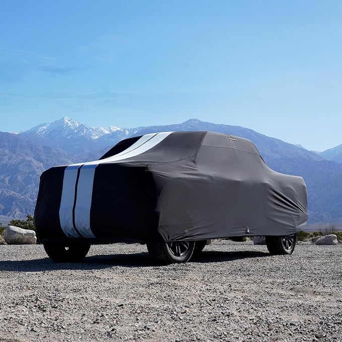 iCarCover Premium Heavy Duty Truck Car Cover - Waterproof All Weather Rain Snow UV Protection, F-150 Extended Cab, F-250, F-350 Crew Cab, Extended Cab, Size T87 (See Size Chart), Stripe - Black/Gray