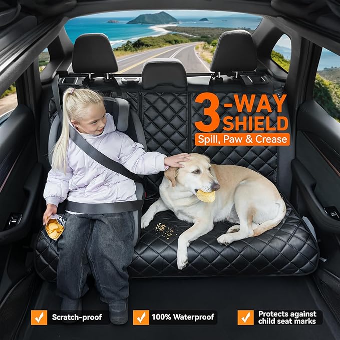 Dog Car Seat Cover for Back Seat,Waterproof Truck Back Seat Cover for Dogs ,Heavy-Duty Scratchproof Pu Leather Bench Seat Covers for Trucks Ford F150/Chevrolet Silverado/Ram1500/GMC Sierra/Toyota