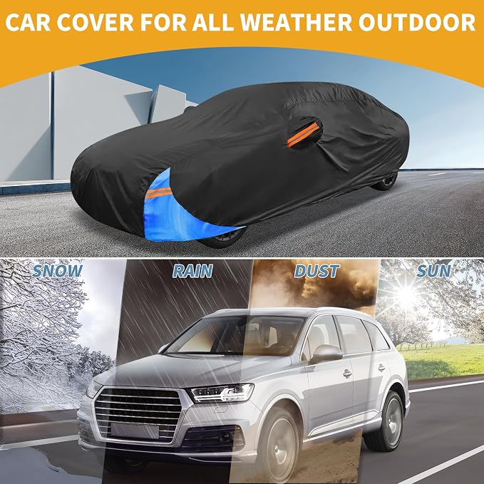 Waterproof All-Weather Universal Car Cover with Right Side Zipper, 190T Polyeste Black Blue Fits for Sedan 185" to 192" Length
