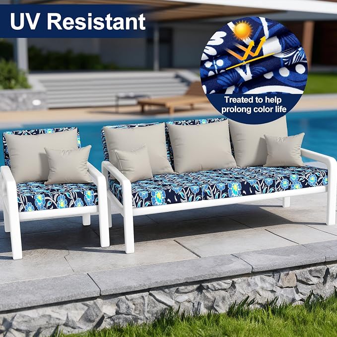 Smiry Waterproof Patio Cushion Covers, Stretch Outdoor Couch Slipcovers Replacement Washable Furniture Protector Sofa Chair Seat Cover for Dogs and Pets (8 Pcs, Midnight Blue)