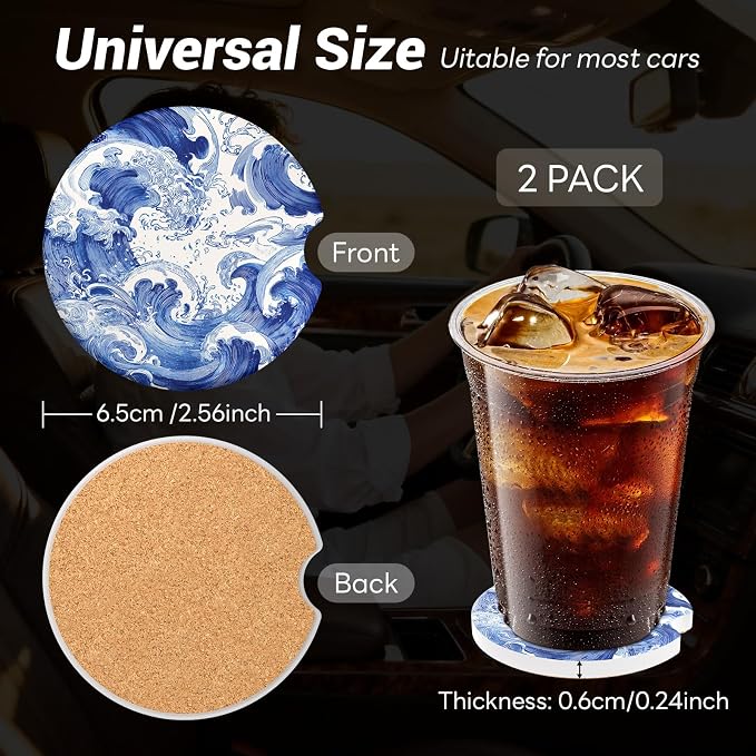 Car Cup Holder Ceramic Coasters 2 Pack, 2.56 in Anti Slip Absorbent Coaster with Cork Base and Finger Notch, Funny Cute Car Accessories Interior for Women, Sea Wave