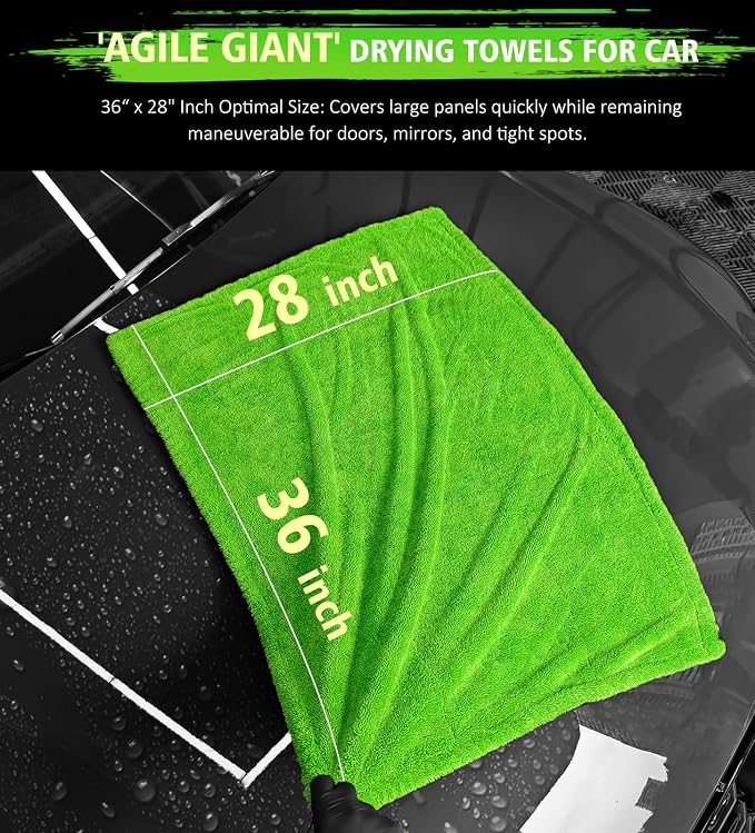 YeewayVeh 'Agile Giant' Car Drying Towel, 28x36 Inch Quick Car Wash Drying Towels, 1400 GSM Super Absorbent, Double Sided Microfiber Towels for Cars Effortless & Scratch-Free Detailing, Green