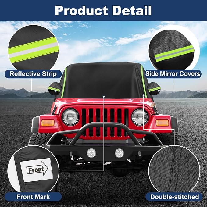 QUNSUNUS Cab Cover for Jeep YJ TJ 2 Door, Half Car Cover with Cotton Liner, All Weather Waterproof Rain Cover with Straps for Wind, Sun, UV and Dust Protection