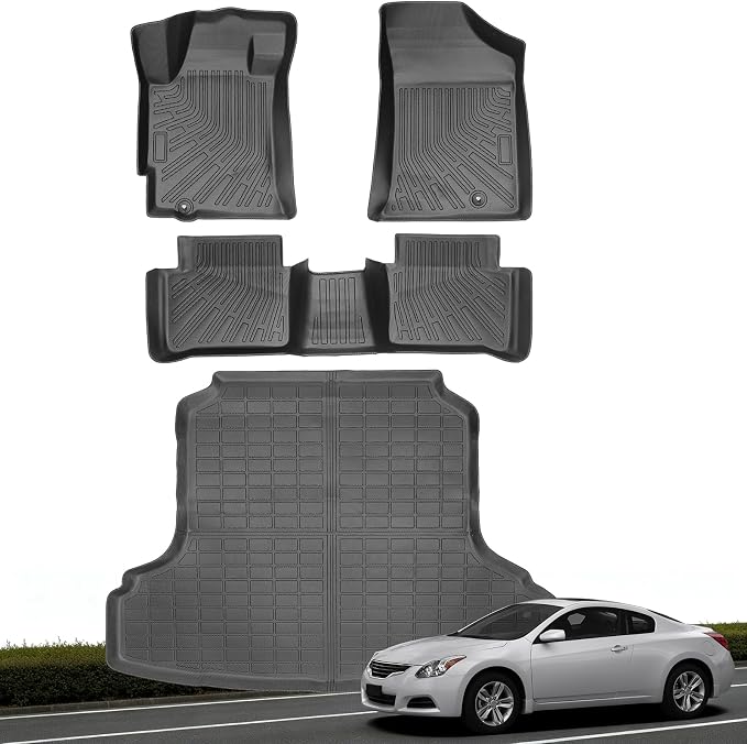 Floor Mats & Cargo Liner for Nissan Altima 2012 2011 2010 2009 2008 2007 | All Weather TPE Floor Liners Custom Fit Altima Heavy Duty Car Mats 1st & 2nd Row & Trunk Mat Accessories Black