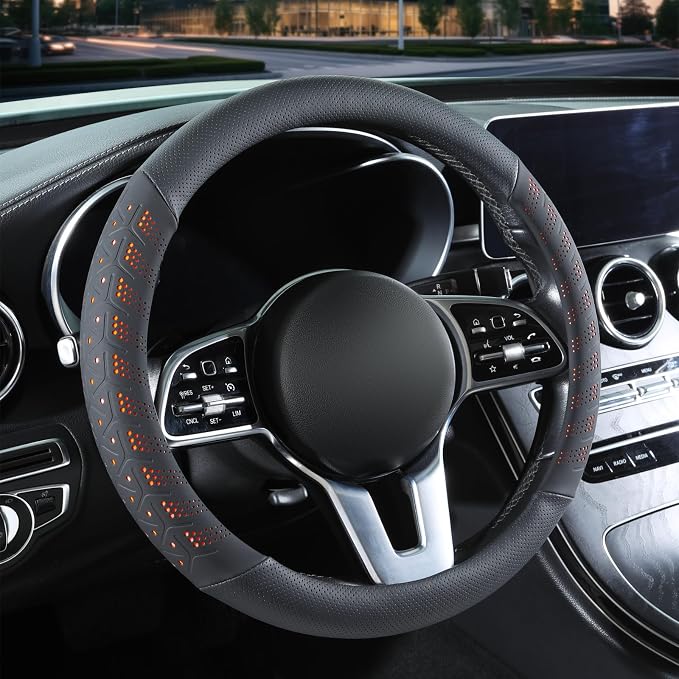 3D Slim Soft 15 inch Leather Steering Wheel Cover Black with Orange | Breathable Anti-Slip Premium Skin-Feel Perforated Thin Nappa Leather, Universal 14.5 inch to 15 inch