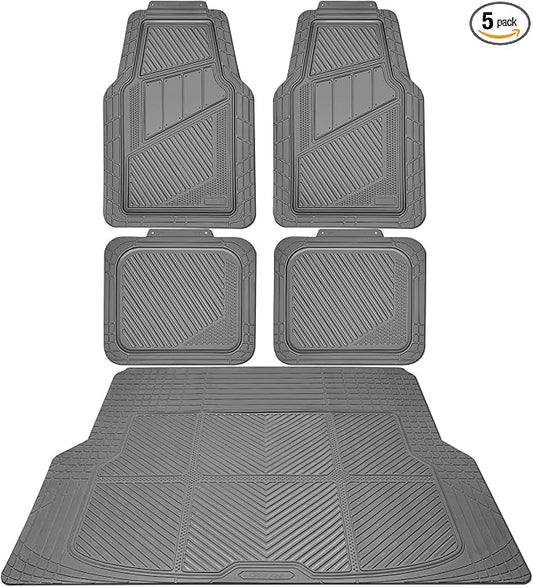 CAR PASS Heavy Duty Rubber Floor Mats Gray Car Mats Full Set with Trunk Cargo Liner - Universal Waterproof Floor Mats for Car SUV Truck, Durable All Weather Automotive Liner Mats (All Gray)