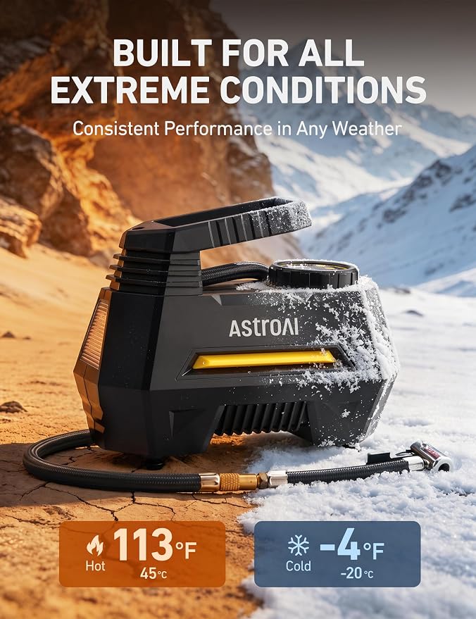 AstroAI AIRUN H Tire Inflator Portable Air Compressor,9.8Ft Cord-12VDC-Powered Auto Shut-Off,Fast Inflation Electric Air Pump for Car Tires-Car Accessories with Digital Pressure Gauge,LED Light,Yellow