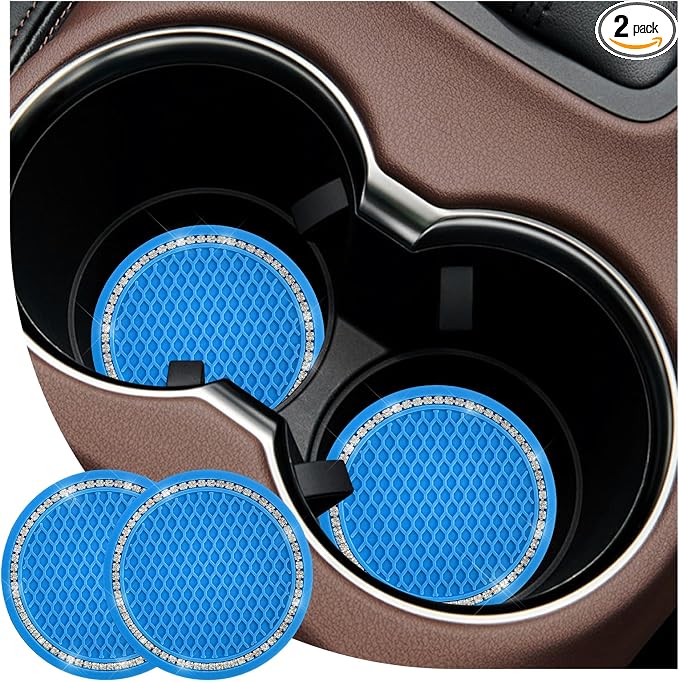 2PCS Bling Car Cup Coaster, 2.69 Inch Anti-Slip Auto Cup Holder Drink Mat w/Crystal Rhinestones, Universal Shiny Diamond Vehicle Insert Coasters Cups Mats for Women (Blue & White)