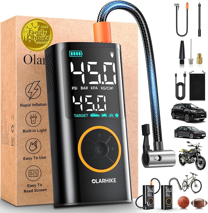 OlarHike Tire Inflator Portable Air Compressor, Smart Dual Hose System, Auto Air Pump for Car Tires, Bike,Bicycle, Motorcycles,Electric Pump with LED Light & Digital Pressure Gauge