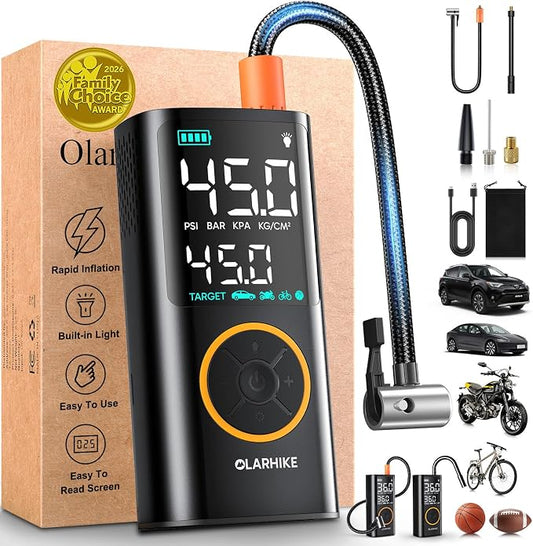 OlarHike Tire Inflator Portable Air Compressor, Smart Dual Hose System, Auto Air Pump for Car Tires, Bike,Bicycle, Motorcycles,Electric Pump with LED Light & Digital Pressure Gauge