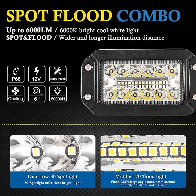 Flush Mount LED Light Pods, BUNKER INDUST 2Pcs 6 Inch Spot Flood Combo Beam 6000 LM Triple Row Driving Off Road Light Bar Waterproof Led Work Light for Golf Cart Trucks Tractor SUV 4x4 ATV UTV