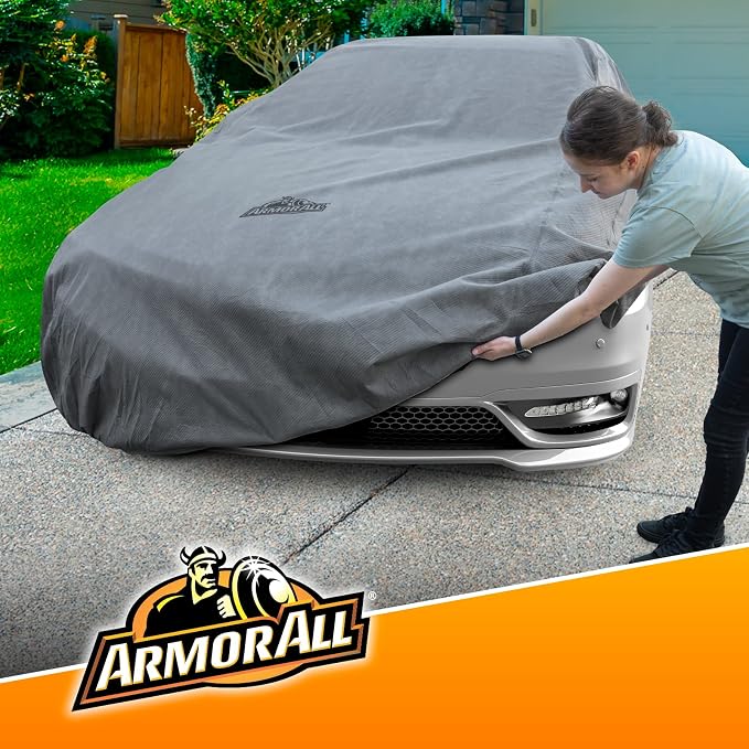 Armor All Car Cover Waterproof All Weather Heavy Duty, Sedan up to 228" | Scratch-resistant soft lining, 6 secure straps, includes storage bag, works for Sun Rain Snow Hail Outdoor Indoor Protection