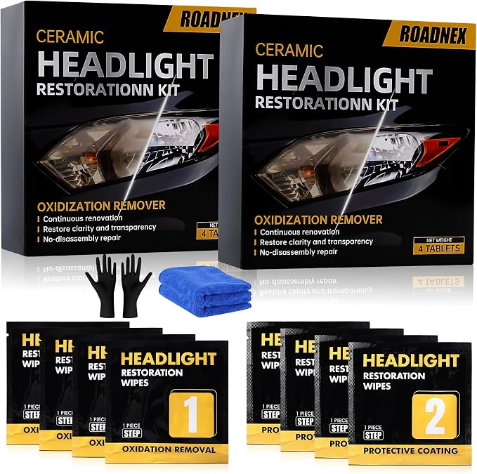 Headlight Restoration Kit, Ceramic Headlight Cleaner and Restorer Kit 2-Step Wipes, Removes Yellowing, Oxidation & Cloudiness, Restores Clarity Brings Headlights Back to Like New Condition,（2 Pack）
