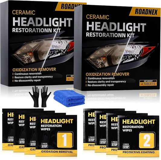 Headlight Restoration Kit, Ceramic Headlight Cleaner and Restorer Kit 2-Step Wipes, Removes Yellowing, Oxidation & Cloudiness, Restores Clarity Brings Headlights Back to Like New Condition,（2 Pack）