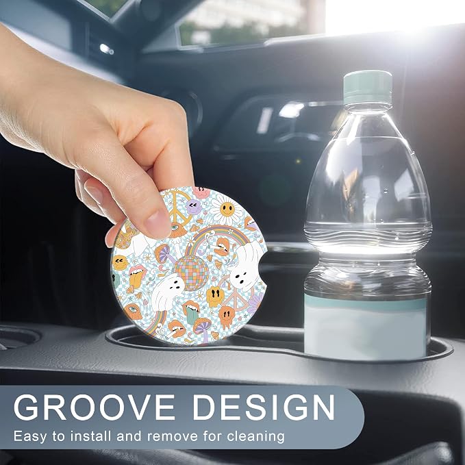 Car Coasters 70s Groovy Mushroom for Women 2 Pack,Retro Ghost Rainbow Absorbent Car Coasters for Cup Holders Insert Ceramic Anti Slip with Finger Notch & Cork Base Auto Accessories Gifts