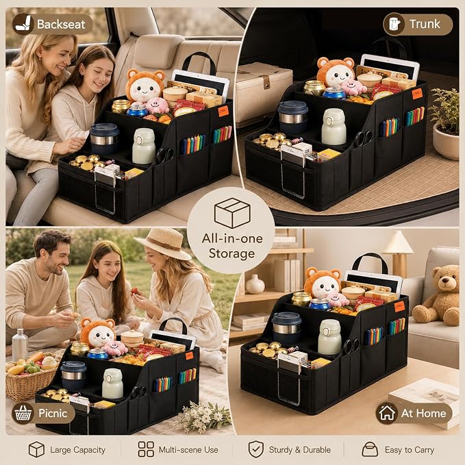Car Seat Organizer Back Front Captains Seats Storage Travel | Car Organizer, Back Seat Car Organizer, Car Seat Organizer Front Seat – 9 Compartments, 2 Cup Holders – Foldable, Black