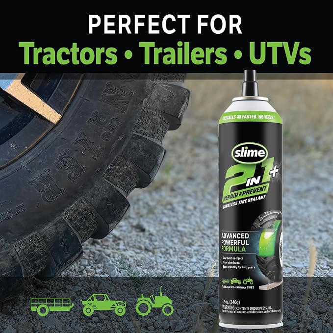 Slime 60199 2-in-1 Repair & Prevent Tubeless Tire Sealant, Instant Flat Tire Fix, Seals up to 1/4" Punctures Without Valve Core Removal, for Tractors, UTVs, Trailers & More, 12 Fl Oz