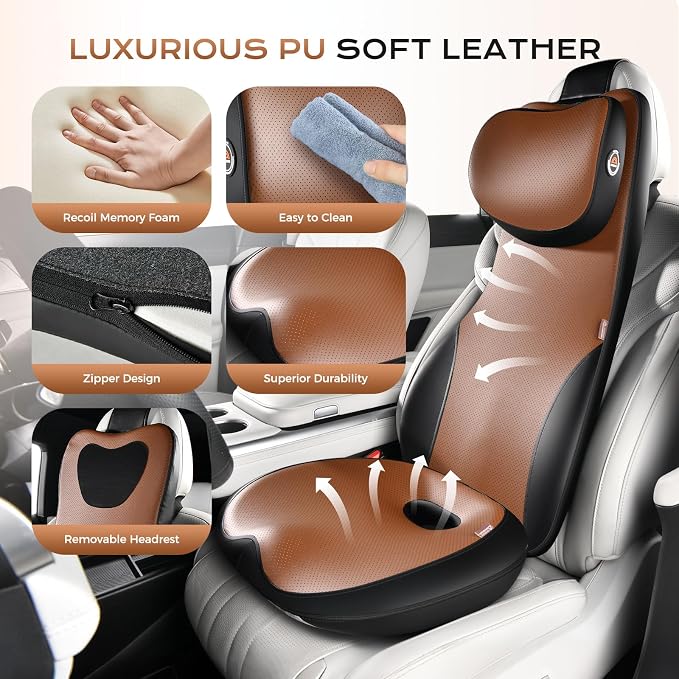 Coverado Car Seat Cushion and One Piece Lumbar Support with Adjustable Neck Cushion for Car, Ergonomic Memory Foam Car Back Support, Truck Seat Cushion for Sciatica Back Neck Pain Relief, Blackbrown