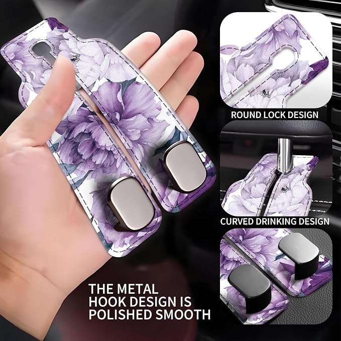 Car Seat Back Storage Headrest Hook, Premium Leather Double Metal Hook, Hanger Storage Organizer for Purse Cloth Bag, Car Interior Accessories Purple Cute Flowers
