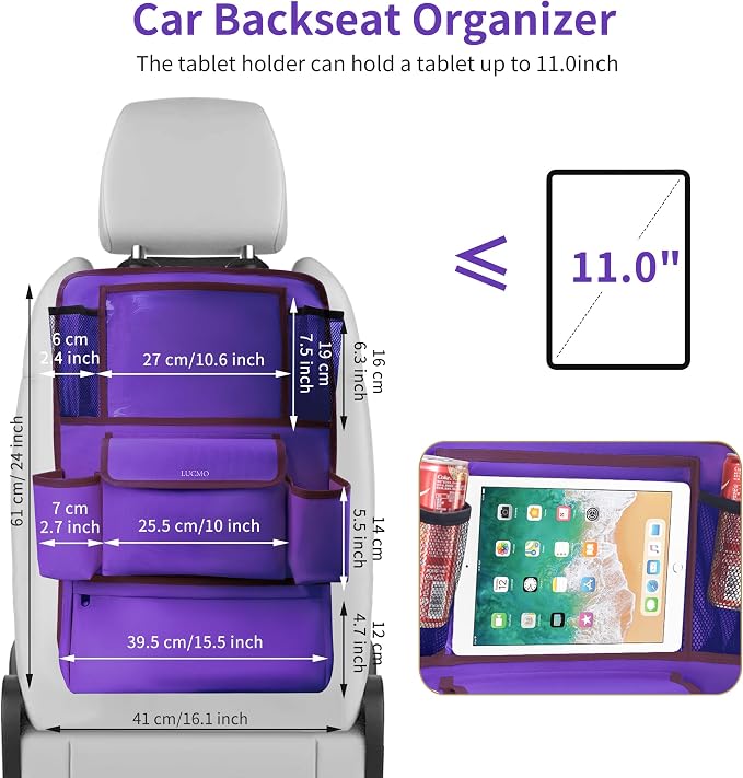 LUCMO Car Backseat Organizer with Touch Screen Tablet Holder, Dark Purple | 9 Storage Pockets,Clear Tablet Holder,Protectors Kick Mats,Travel Accessories,Seat Cover,Road Trip Essentials