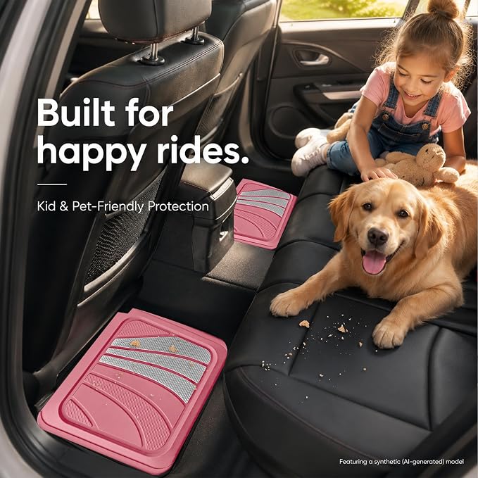 Road Comforts Car Floor Mats Full Set – Front & Rear Car Floor Mats with Aluminum Design, Anti-Slip Backing, All-Weather Protection, Trim-to-Fit Car Mats for Most Sedans, SUVs & Vans -All Pink