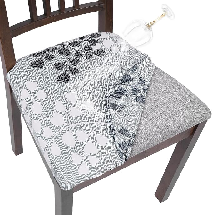 SearchI Water Repellent Seat Covers for Dining Room Chairs Stretch Printed Chair Seat Covers Set of 4, Removable Washable Kitchen Chair Seat Protector Cushion Slipcovers for Office (Leaf Pattern)