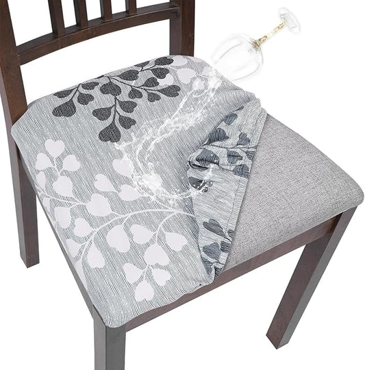 SearchI Water Repellent Seat Covers for Dining Room Chairs Stretch Printed Chair Seat Covers Set of 6, Removable Washable Kitchen Chair Seat Protector Cushion Slipcovers for Office (Leaf Pattern)