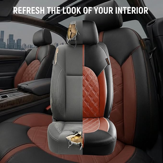 CAROMOP Luxury PU Leather Car Seat Covers Front Set, Anti-Stain Waterproof Automotive Seat Covers for Cars, Universal Car Interior Covers Seat Protectors for SUVs Pick-up Trucks(Burgundy Red)