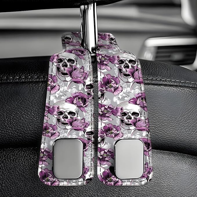 Car Seat Back Storage Headrest Hook, Premium Leather Double Metal Hook, Hanger Storage Organizer for Purse Cloth Bag, Car Interior Accessories Funny Skull Flower