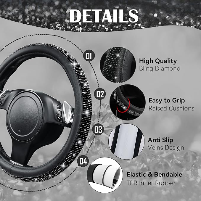 CAR PASS Bling Black Diamond Leather Steering Wheel Cover, with Sparkly Crystal Glitter Rhinestone Universal Fit 15" 1/2-16" Large Size Car Wheel Protector for Women Girl Fit Car,SUV,Van,Sedan, Black