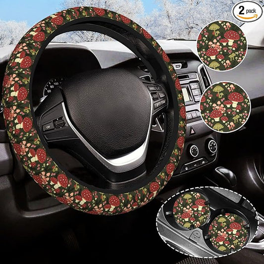 Mushroom Steering Wheel Cover Anti-Slip and Practical 14.5-15 Inch Universal Steering Wheel Cover with 2 Pieces Car Coasters Suitable for Men Women